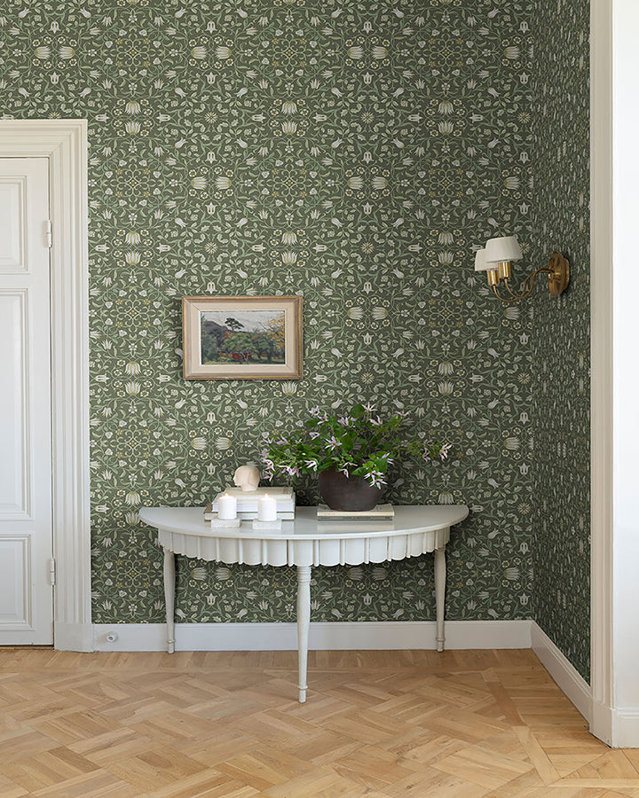 No 1 Holland Park Green Floral Wallpaper - Brewster Wallcovering