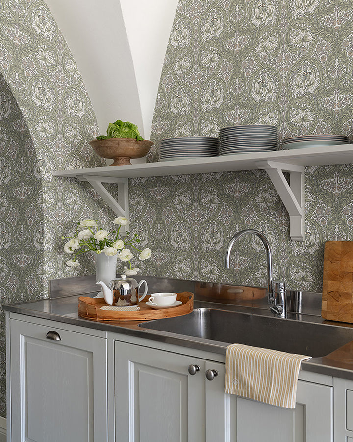 African Marigold Green Floral Wallpaper  | Brewster Wallcovering - The WorkRm