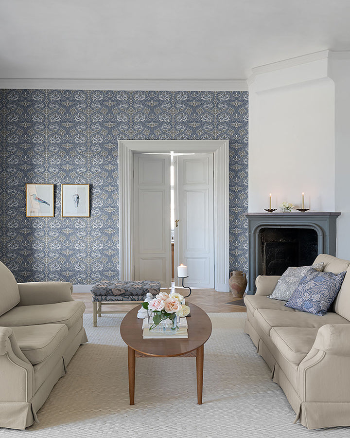 African Marigold Blue Floral Wallpaper - Brewster Wallcovering