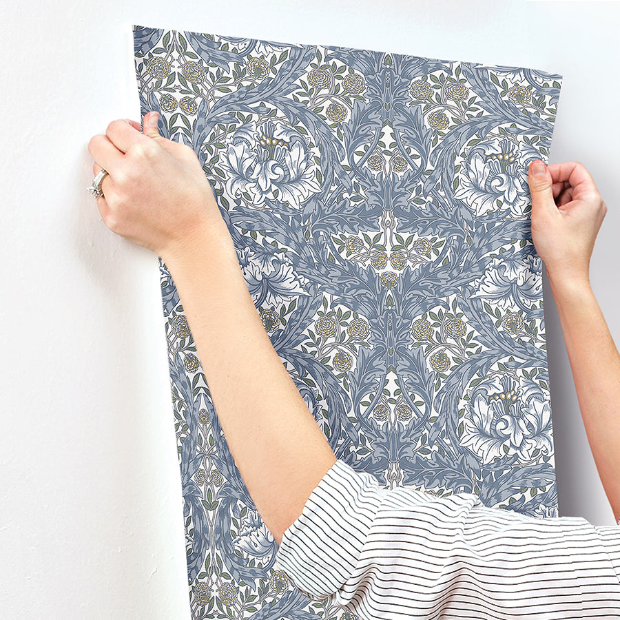 African Marigold Blue Floral Wallpaper - Brewster Wallcovering