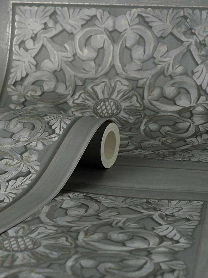 Albie Dark Grey Carved Panel Wallpaper  | Brewster Wallcovering