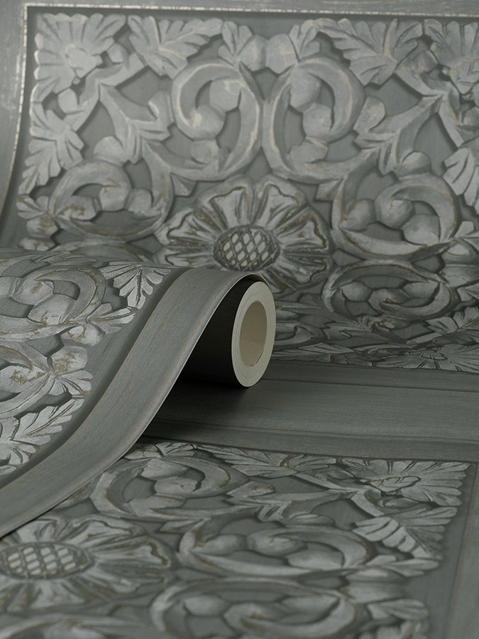 Albie Dark Grey Carved Panel Wallpaper - Brewster Wallcovering