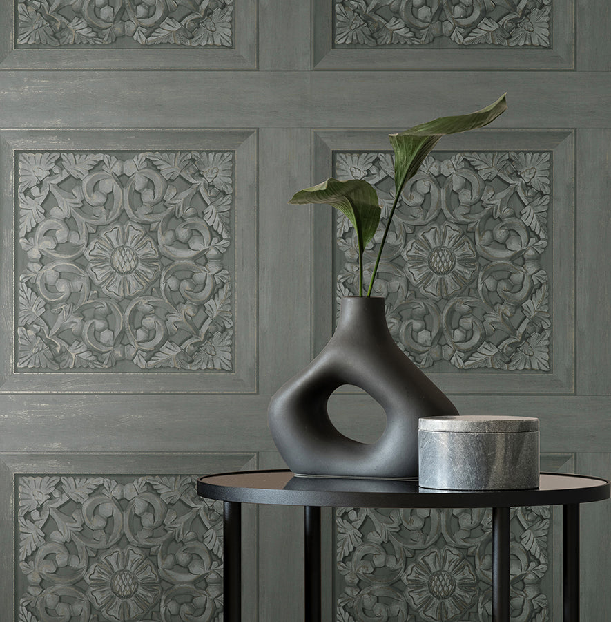 Albie Dark Grey Carved Panel Wallpaper - Brewster Wallcovering