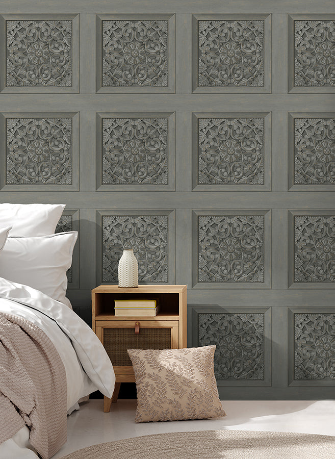 Albie Dark Grey Carved Panel Wallpaper  | Brewster Wallcovering