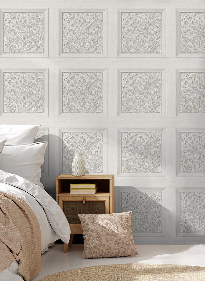 Albie Dove Carved Panel Wallpaper  | Brewster Wallcovering