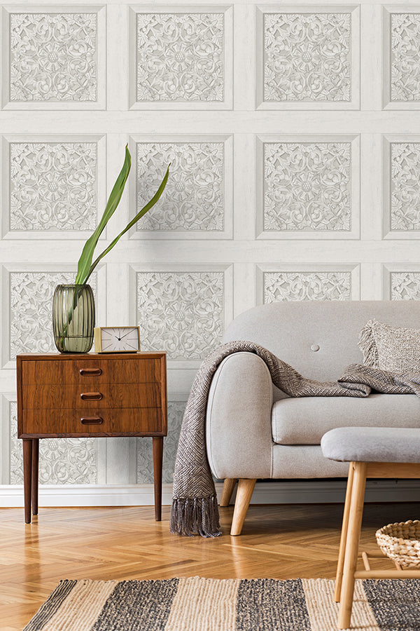 Albie Dove Carved Panel Wallpaper  | Brewster Wallcovering