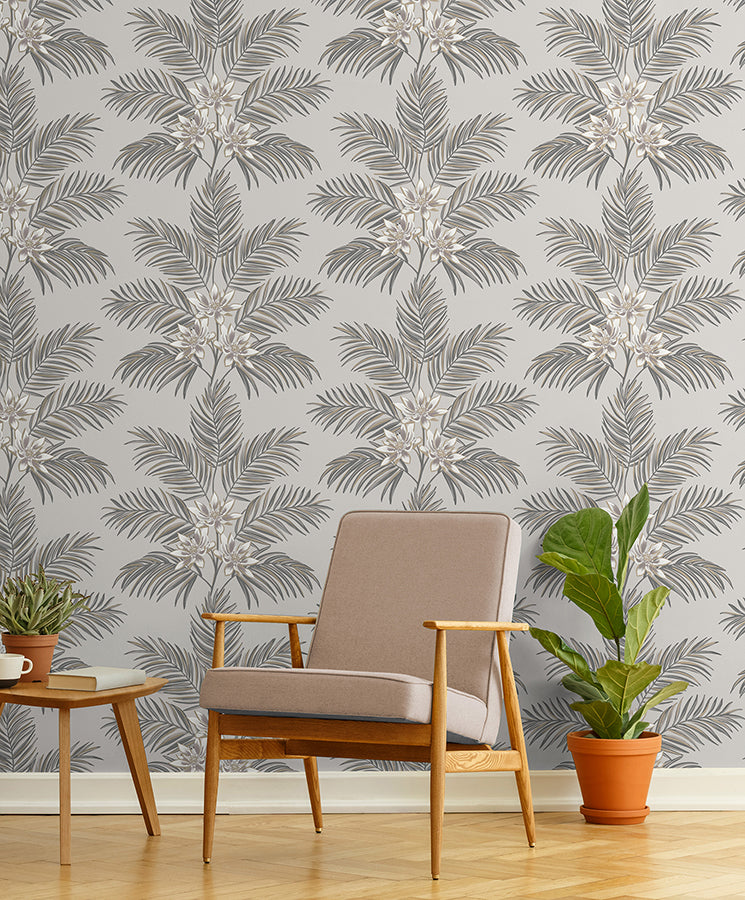 Bali Light Grey Palm Wallpaper - Brewster Wallcovering