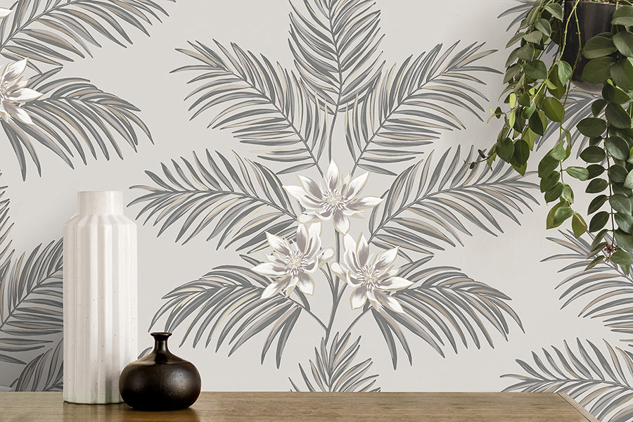 Bali Light Grey Palm Wallpaper - Brewster Wallcovering