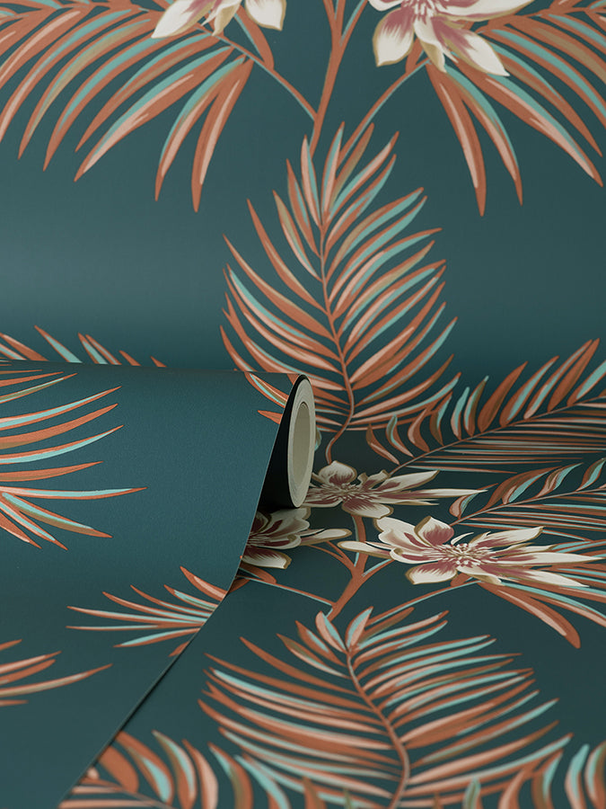 Bali Teal Palm Wallpaper - Brewster Wallcovering