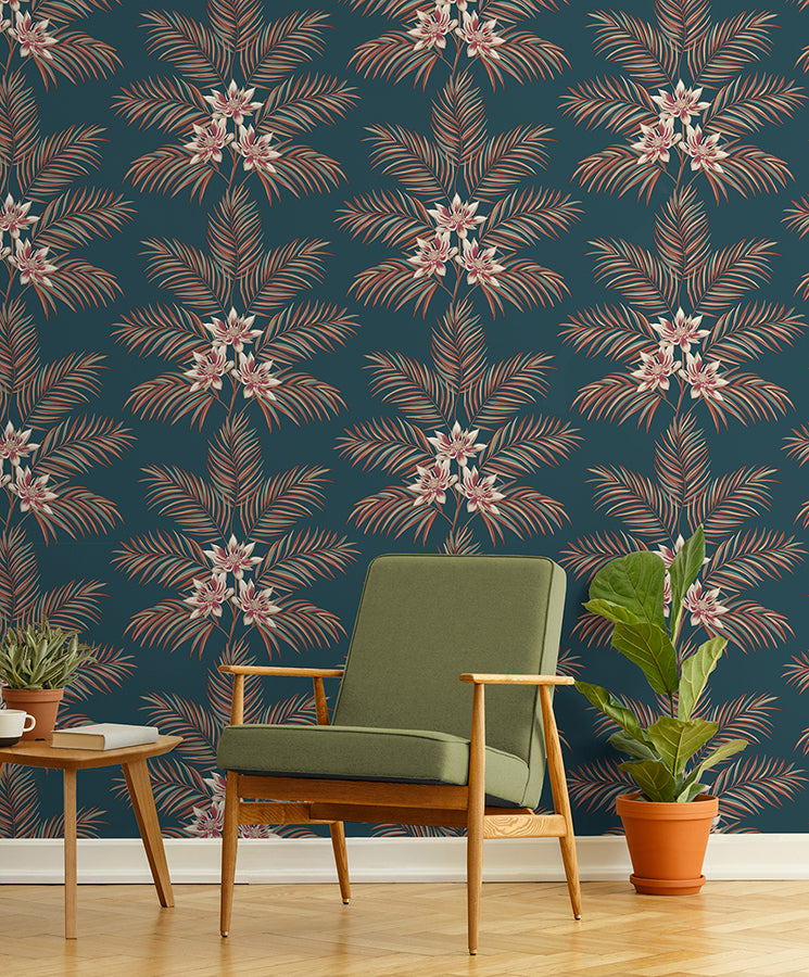 Bali Teal Palm Wallpaper - Brewster Wallcovering