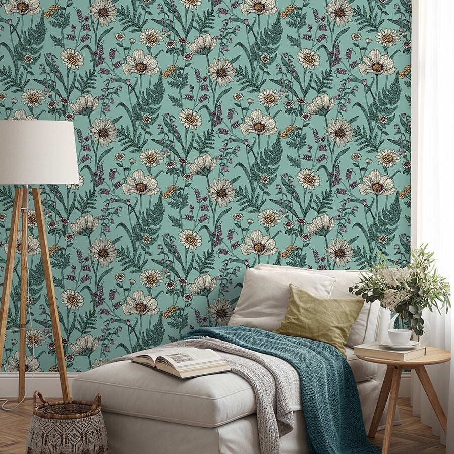 Arden Blue Wild Meadow Wallpaper  | Brewster Wallcovering - The WorkRm