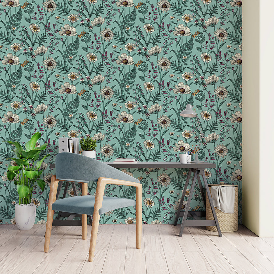 Arden Blue Wild Meadow Wallpaper - Brewster Wallcovering