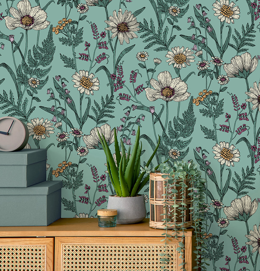 Arden Blue Wild Meadow Wallpaper  | Brewster Wallcovering - The WorkRm