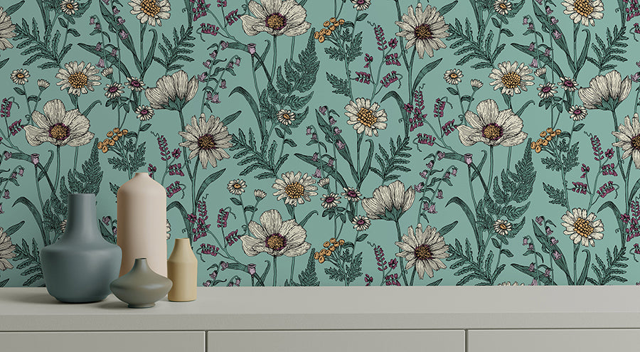 Arden Blue Wild Meadow Wallpaper  | Brewster Wallcovering - The WorkRm