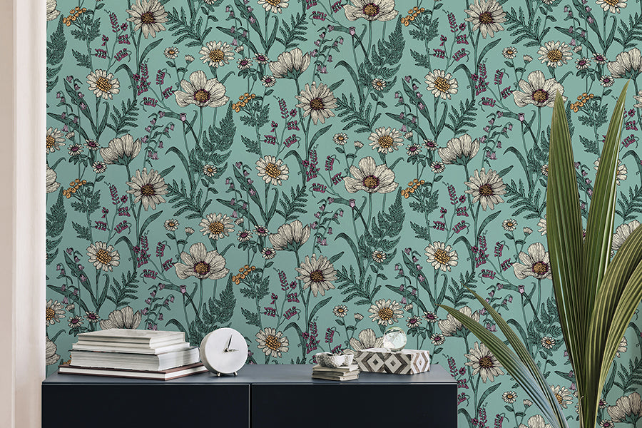 Arden Blue Wild Meadow Wallpaper - Brewster Wallcovering