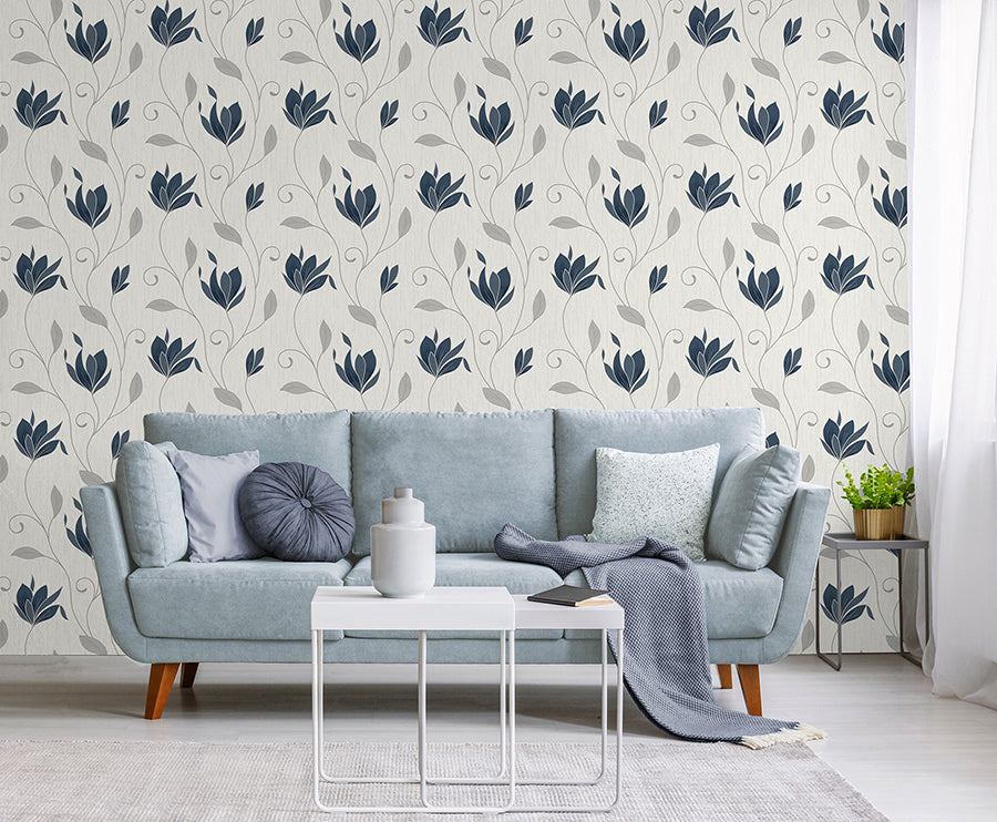 Synergy Navy Floral Wallpaper - Brewster Wallcovering