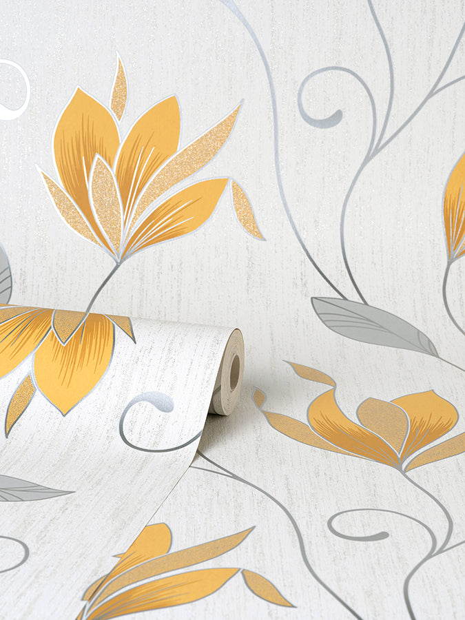 Synergy Yellow Floral Wallpaper - Brewster Wallcovering