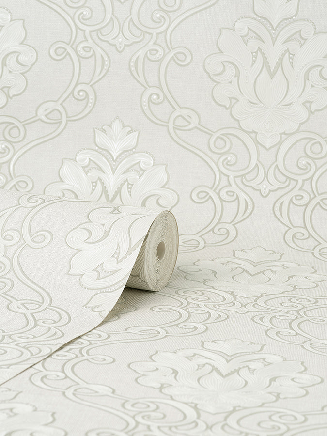 Florentine White Damask Wallpaper  | Brewster Wallcovering