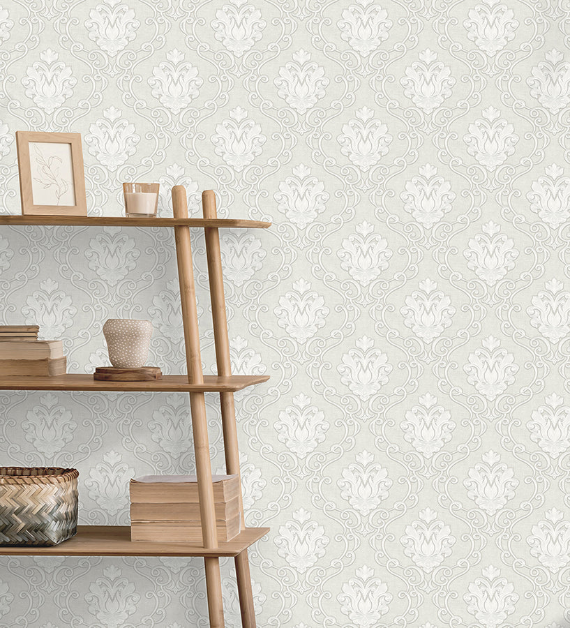 Florentine White Damask Wallpaper - Brewster Wallcovering