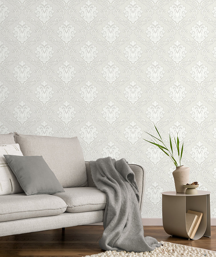 Florentine White Damask Wallpaper - Brewster Wallcovering