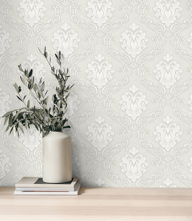 Florentine White Damask Wallpaper  | Brewster Wallcovering