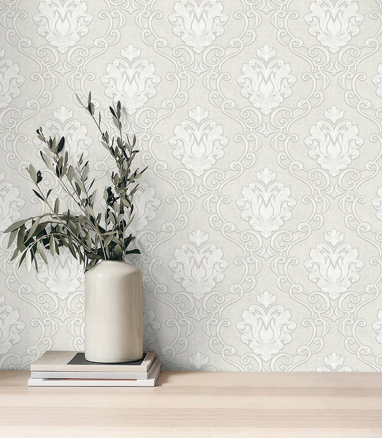 Florentine White Damask Wallpaper - Brewster Wallcovering