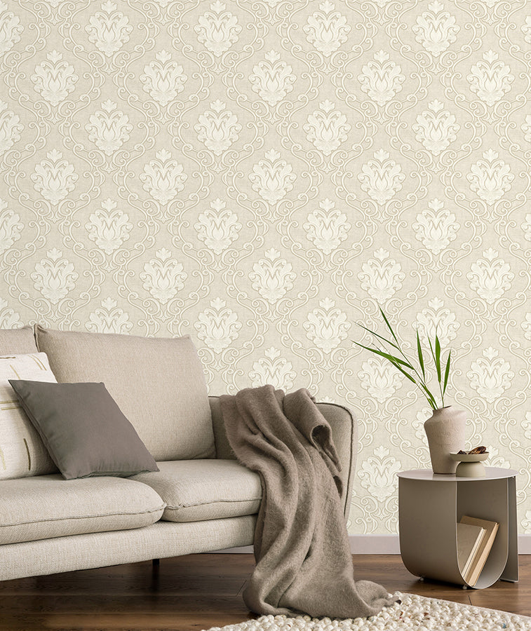 Florentine Neutral Damask Wallpaper - Brewster Wallcovering