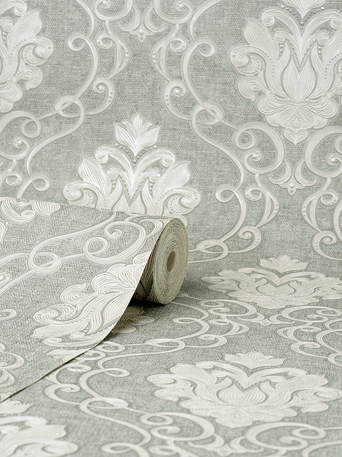 Florentine Grey Damask Wallpaper - Brewster Wallcovering