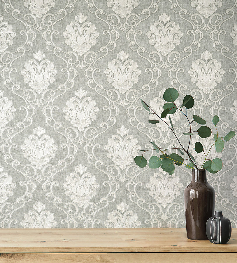 Florentine Grey Damask Wallpaper  | Brewster Wallcovering