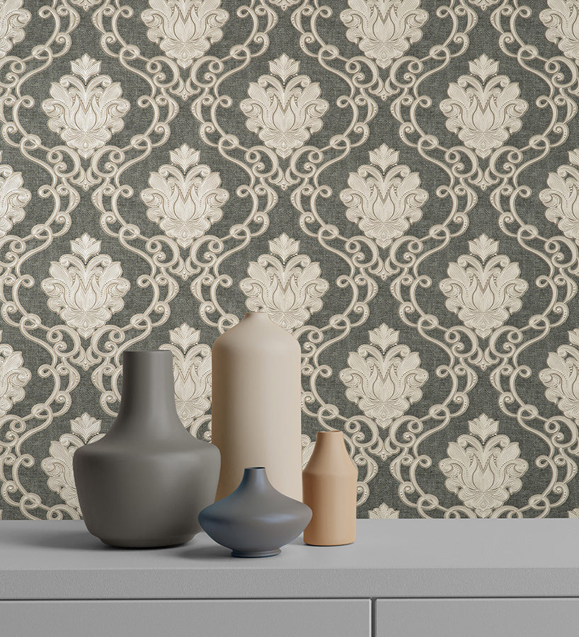 Florentine Charcoal Damask Wallpaper - Brewster Wallcovering