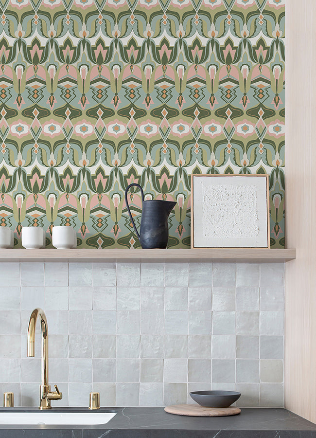 Akira Green Peel and Stick Wallpaper - Brewster Wallcovering