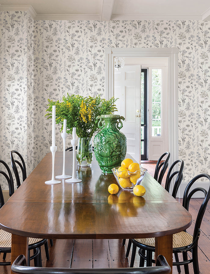 Bergamot Light Grey Wildflower Wallpaper - Brewster Wallcovering