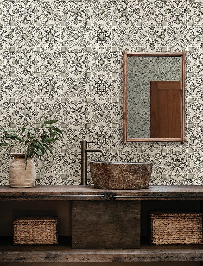 Marjoram Black Floral Tile Wallpaper  | Brewster Wallcovering