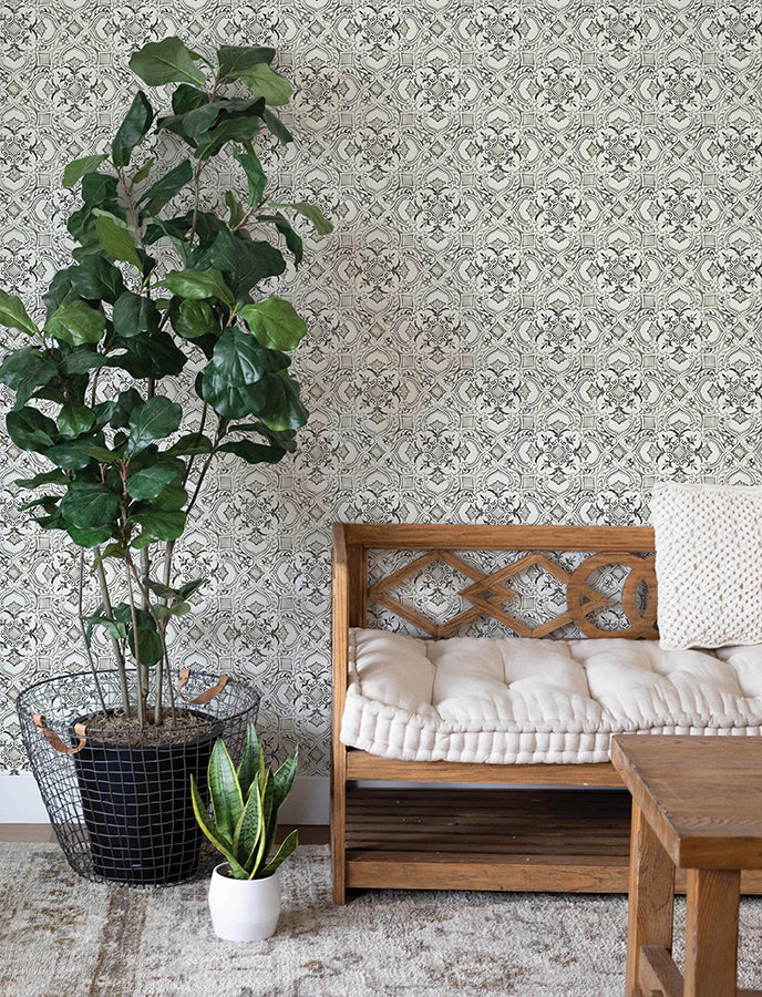 Marjoram Black Floral Tile Wallpaper  | Brewster Wallcovering