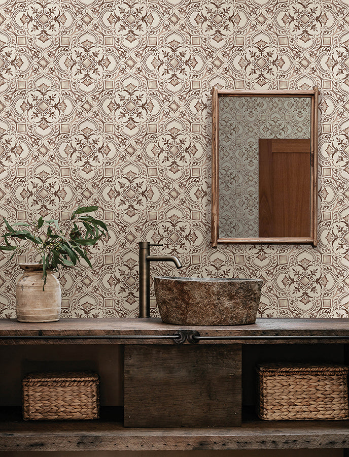 Marjoram Blush Floral Tile Wallpaper - Brewster Wallcovering