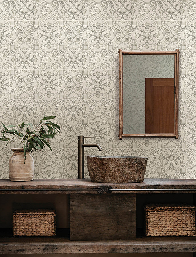 Marjoram Light Grey Floral Tile Wallpaper - Brewster Wallcovering