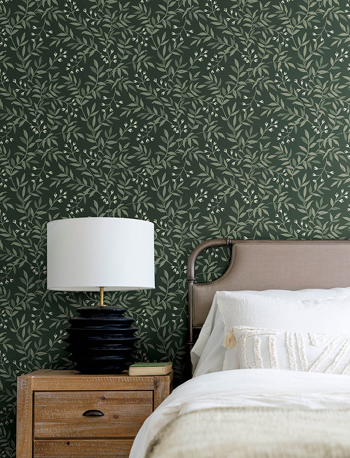 Senna Evergreen Budding Vines Wallpaper - Brewster Wallcovering