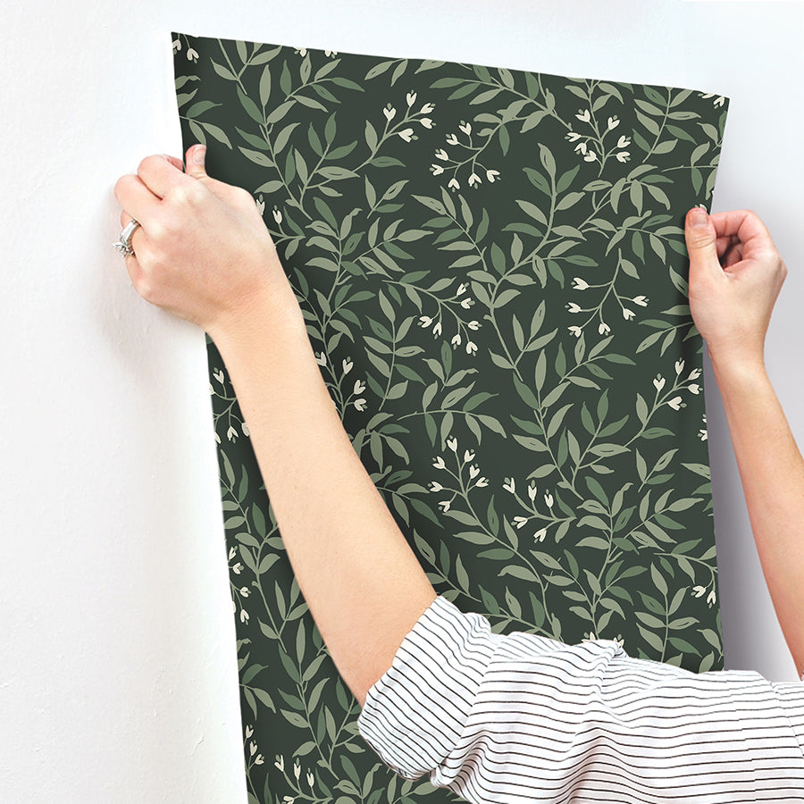 Senna Evergreen Budding Vines Wallpaper - Brewster Wallcovering