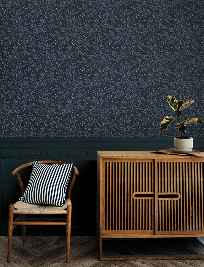 Senna Navy Budding Vines Wallpaper  | Brewster Wallcovering - The WorkRm