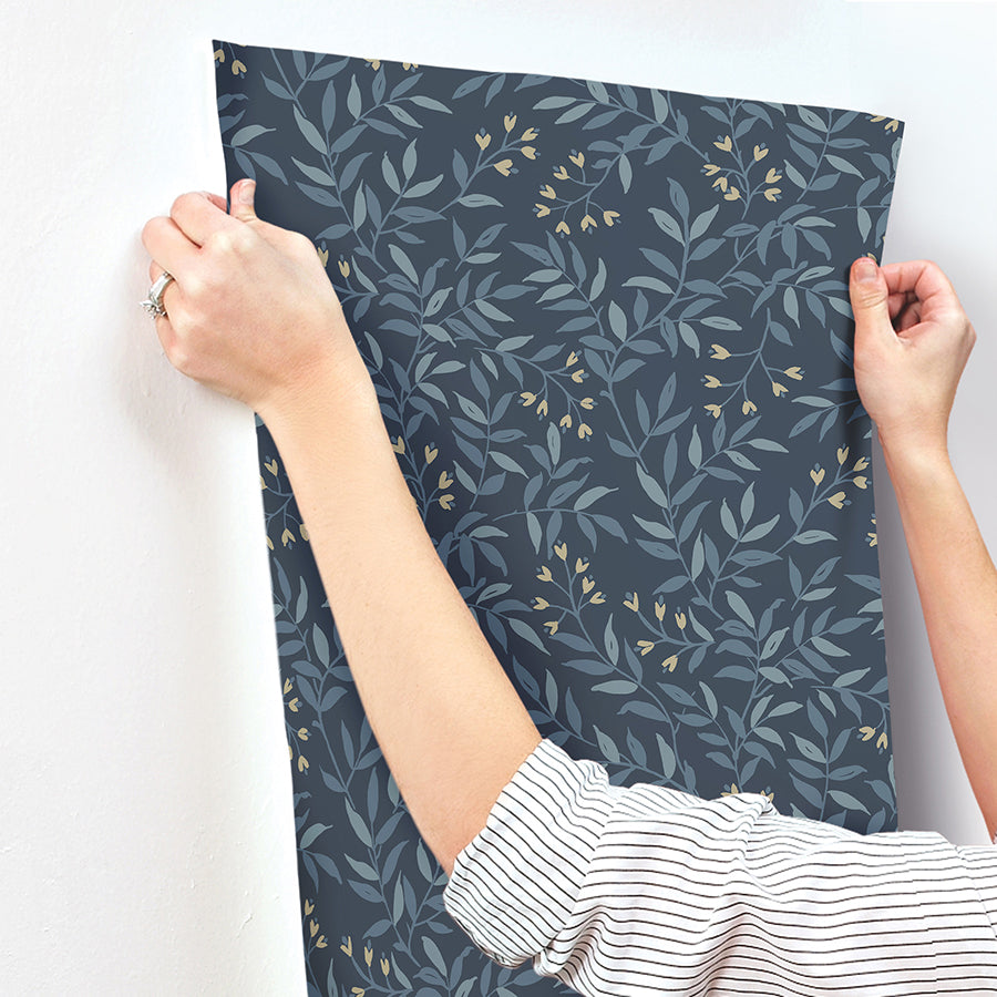 Senna Navy Budding Vines Wallpaper  | Brewster Wallcovering - The WorkRm