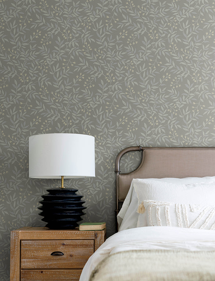 Senna Silver Budding Vines Wallpaper - Brewster Wallcovering