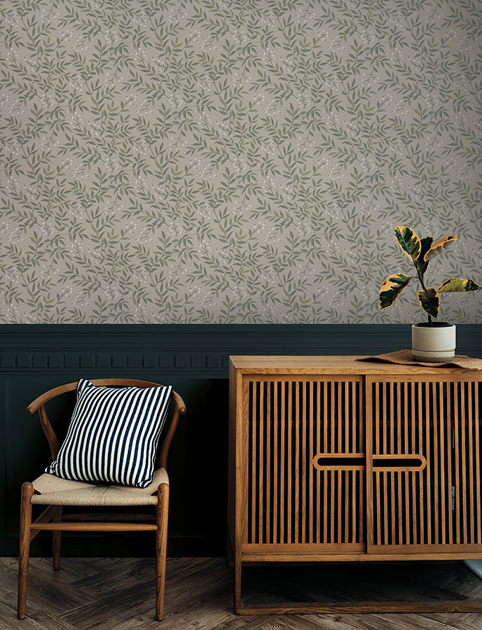 Senna Green Budding Vines Wallpaper - Brewster Wallcovering