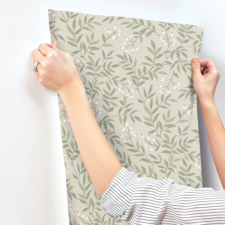 Senna Green Budding Vines Wallpaper - Brewster Wallcovering