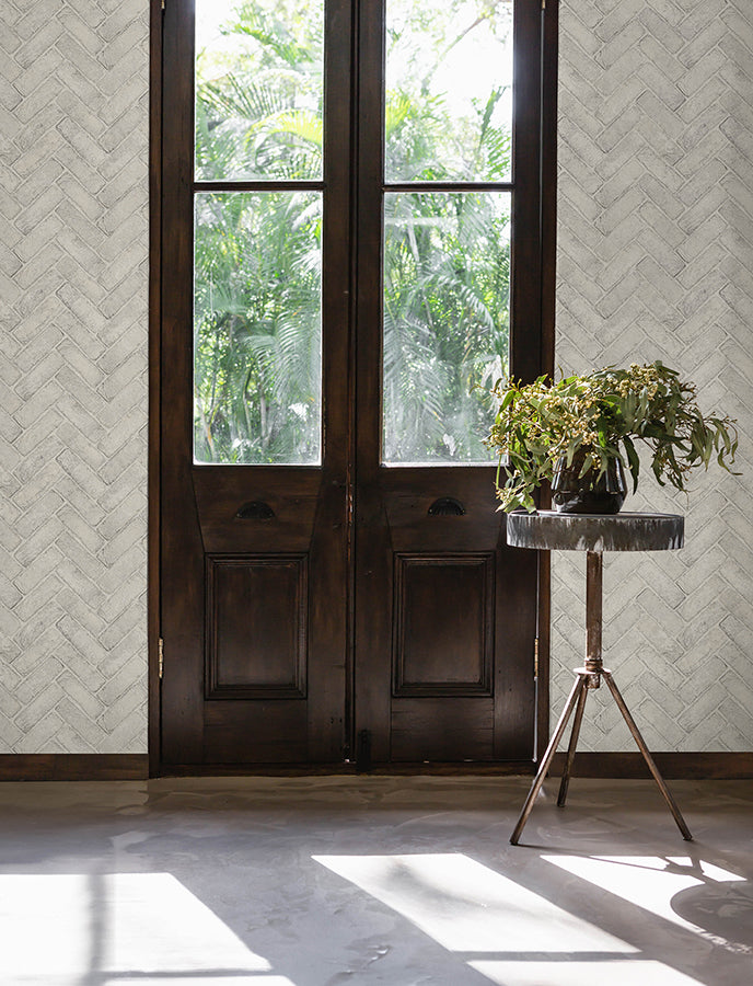 Canelle White Brick Herringbone Wallpaper  | Brewster Wallcovering - The WorkRm