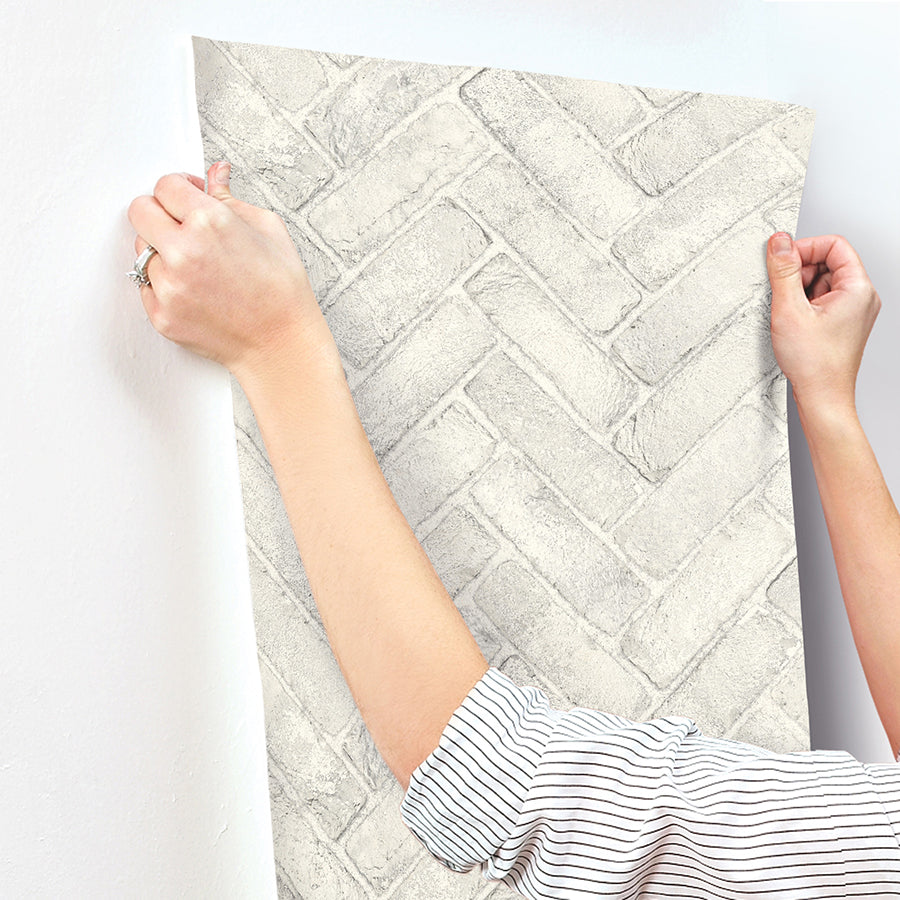 Canelle White Brick Herringbone Wallpaper  | Brewster Wallcovering - The WorkRm