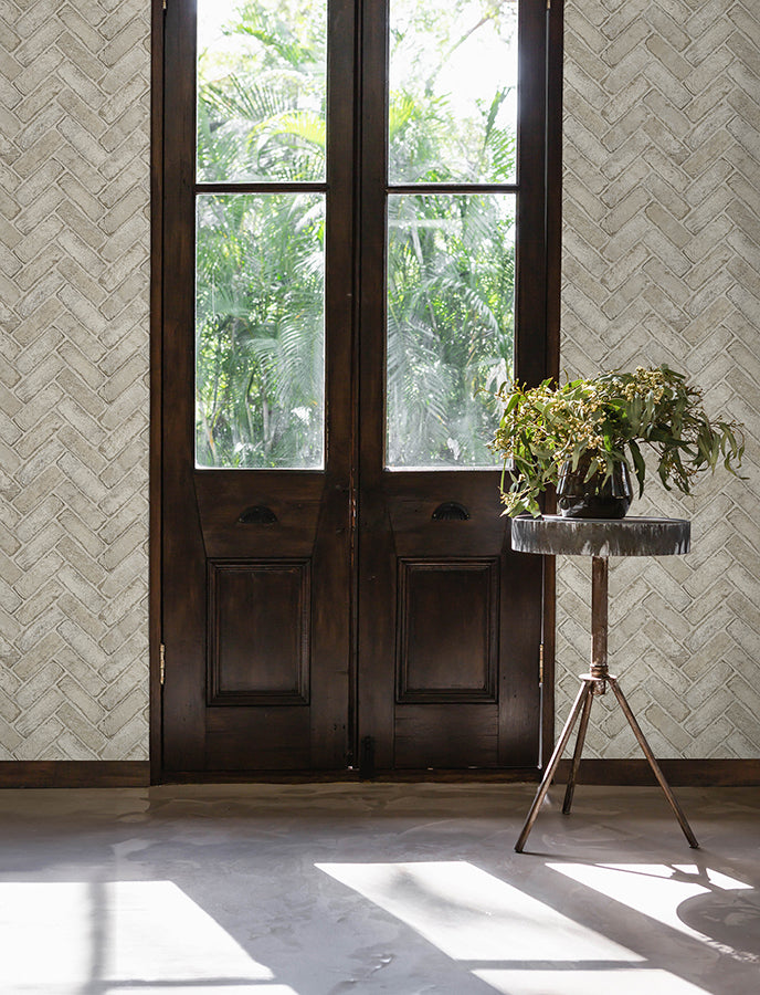 Canelle Taupe Brick Herringbone Wallpaper  | Brewster Wallcovering - The WorkRm