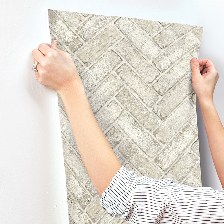 Canelle Taupe Brick Herringbone Wallpaper  | Brewster Wallcovering - The WorkRm