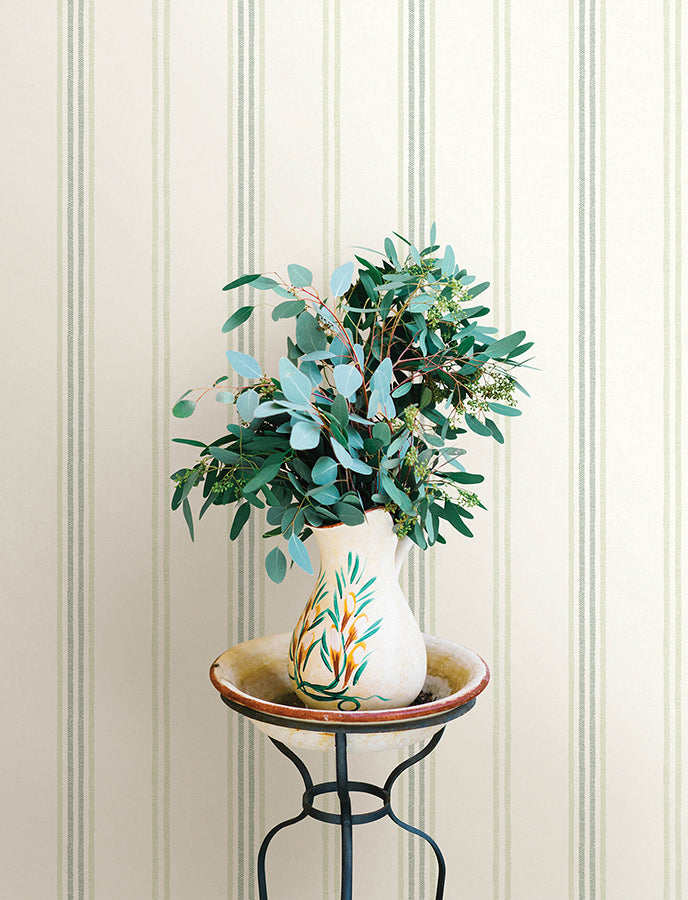 Lovage Green Linen Stripe Wallpaper - Brewster Wallcovering