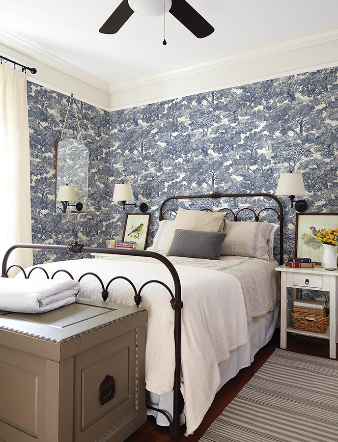 Spinney Blue Toile Wallpaper - Brewster Wallcovering