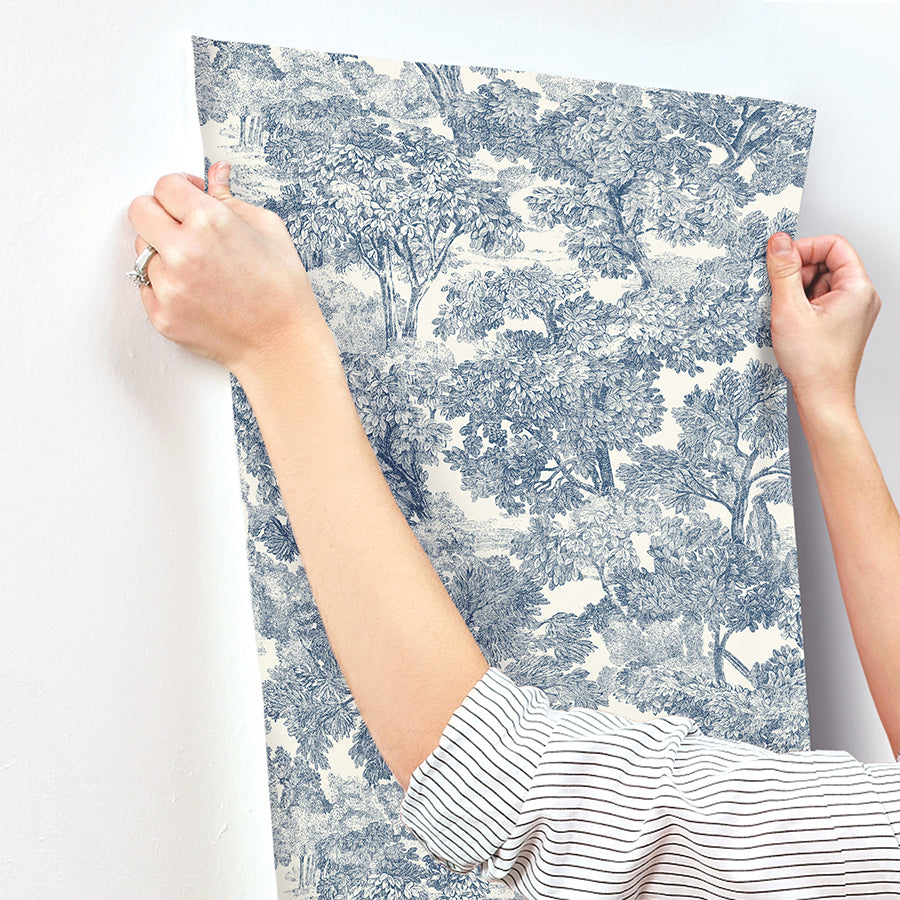 Spinney Blue Toile Wallpaper  | Brewster Wallcovering